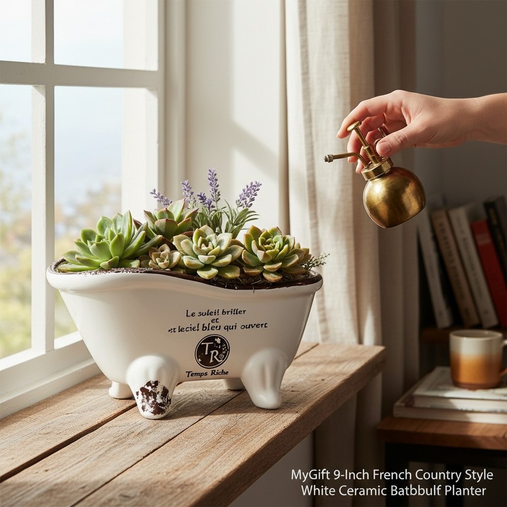 MyGift Bathtub Planter 9-Inch White Ceramic French Country